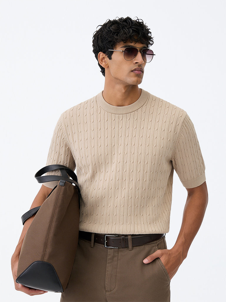 Ascot Light Taupe Cable-Knit Relaxed-Fit Cotton-Blend T-Shirt