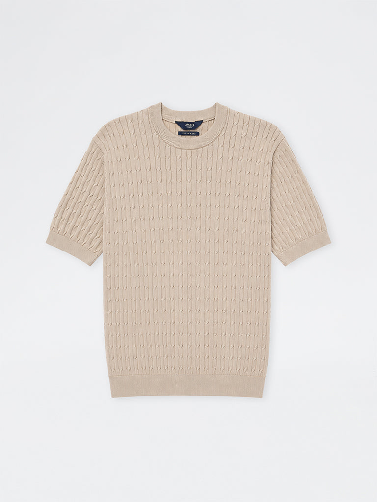Ascot Light Taupe Cable-Knit Relaxed-Fit Cotton-Blend T-Shirt
