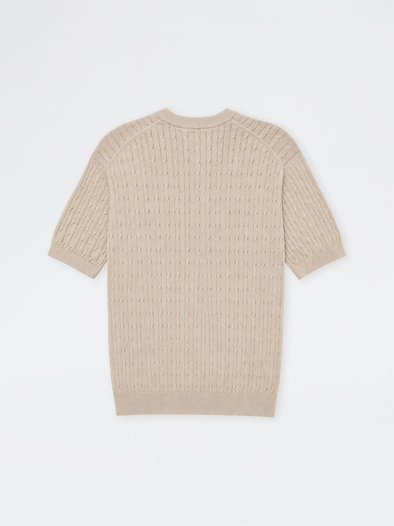 Ascot Light Taupe Cable-Knit Relaxed-Fit Cotton-Blend T-Shirt