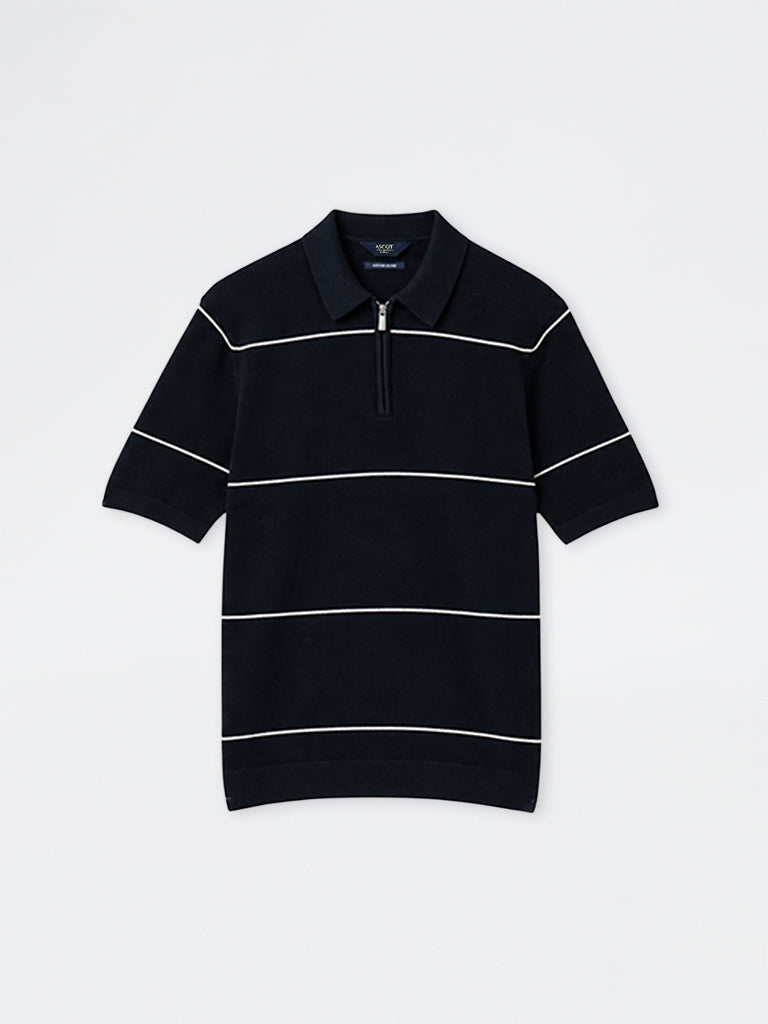 Ascot Navy Striped Quarter-Zip Relaxed-Fit Polo T-Shirt