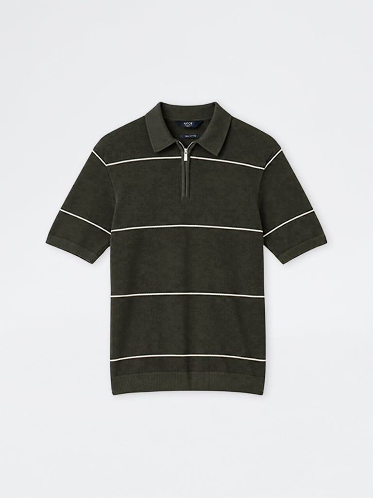 Ascot Olive Striped Quarter-Zip Relaxed-Fit Polo T-Shirt