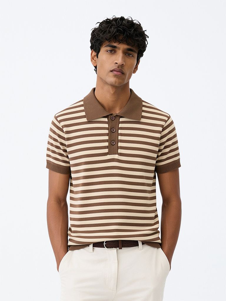 Ascot Brown Striped Relaxed-Fit Polo T-Shirt