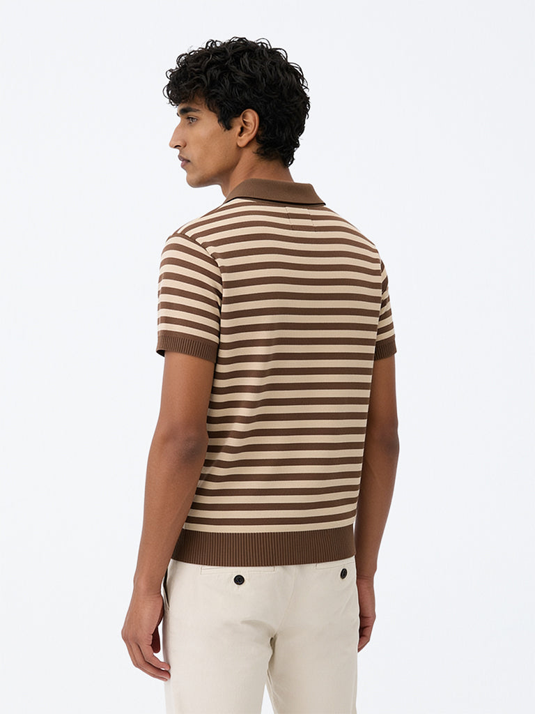 Ascot Brown Striped Relaxed-Fit Polo T-Shirt