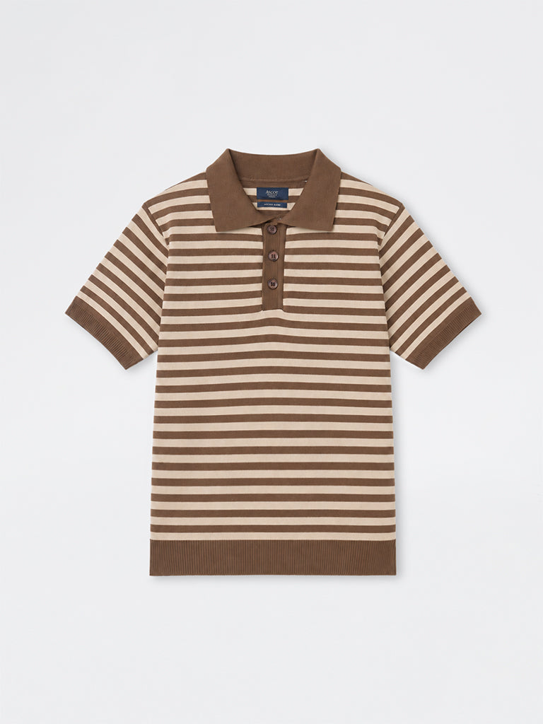 Ascot Brown Striped Relaxed-Fit Polo T-Shirt