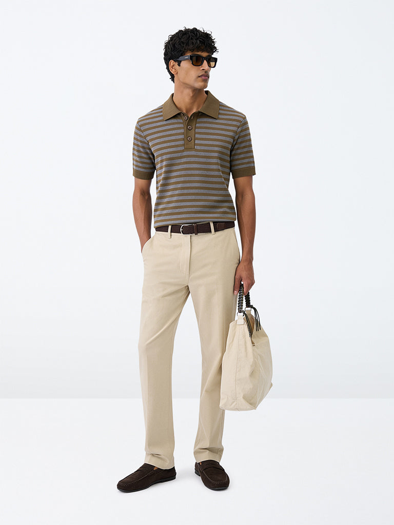 Ascot Olive Striped Relaxed-Fit Polo T-Shirt
