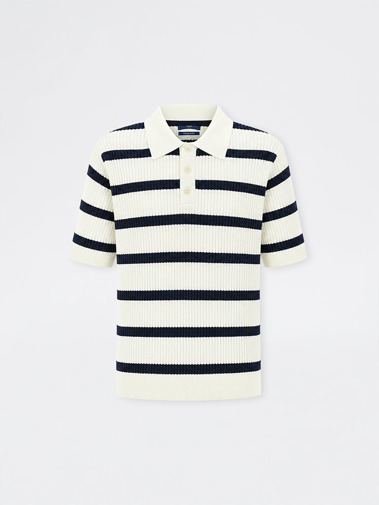 Ascot Navy Striped Cable-Knit Relaxed-Fit Cotton-Blend Polo T-Shirt