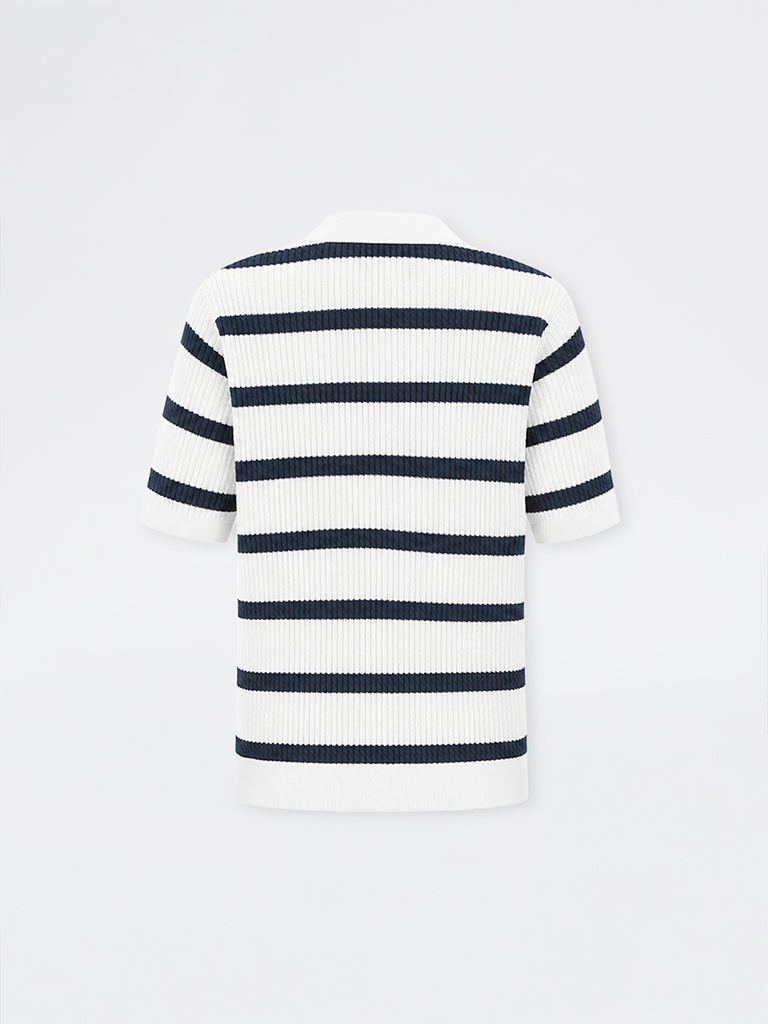 Ascot Navy Striped Cable-Knit Relaxed-Fit Cotton-Blend Polo T-Shirt