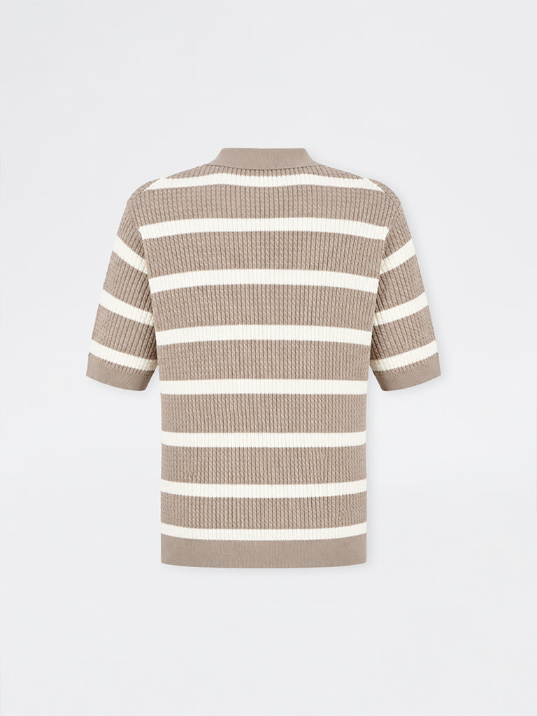 Ascot Taupe Striped Cable-Knit Relaxed-Fit Cotton-Blend Polo T-Shirt