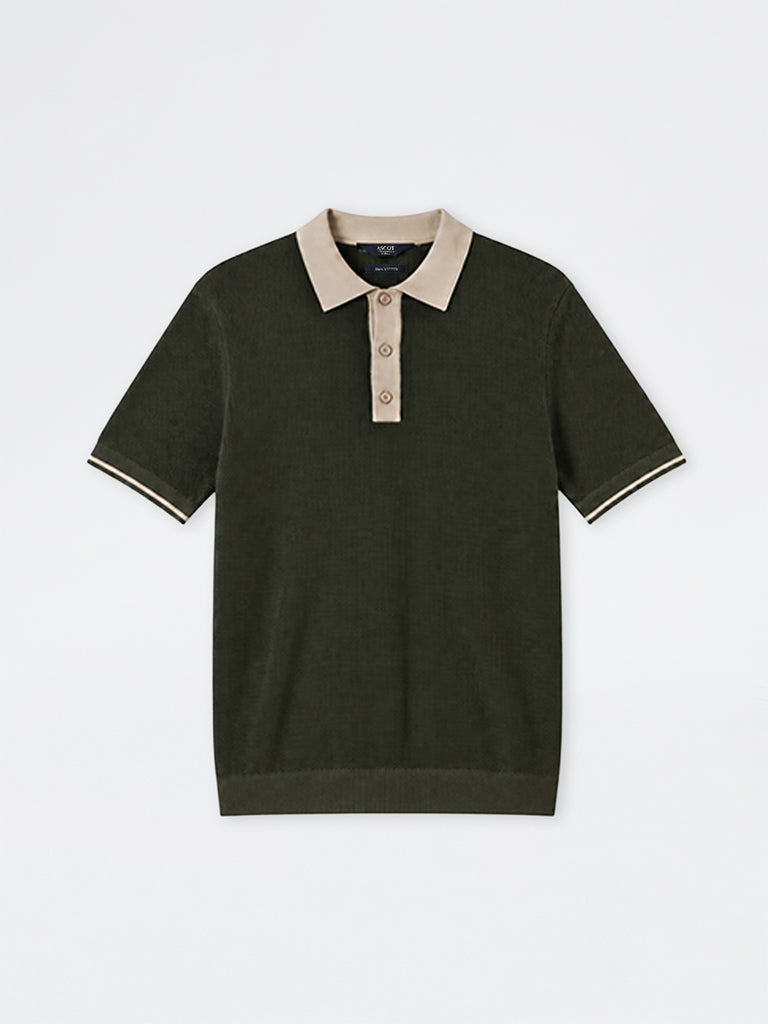 Ascot Olive Knit-Textured Relaxed-Fit Cotton Polo T-Shirt