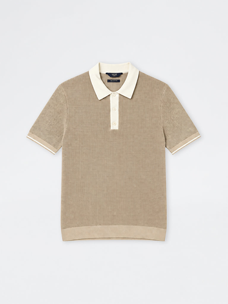 Ascot Light Brown Knit-Textured Relaxed-Fit Cotton Polo T-Shirt