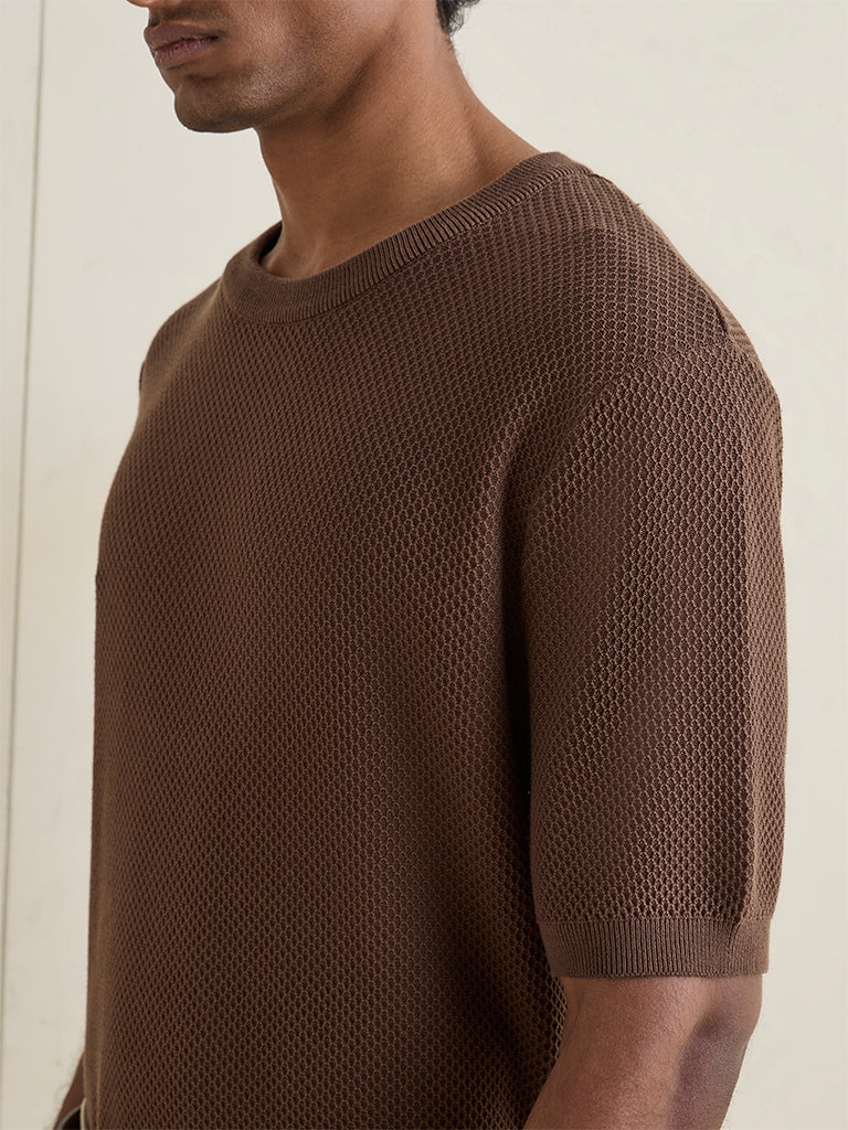 Ascot Brown Knit-Textured Relaxed-Fit Cotton-Blend T-Shirt