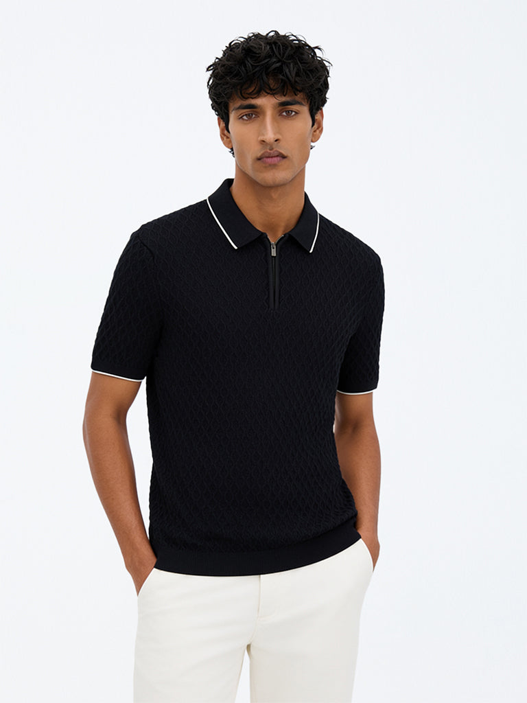 Ascot Navy Knit-Textured Relaxed-Fit Quarter-Zip Polo T-Shirt