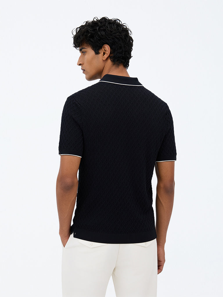 Ascot Navy Knit-Textured Relaxed-Fit Quarter-Zip Polo T-Shirt