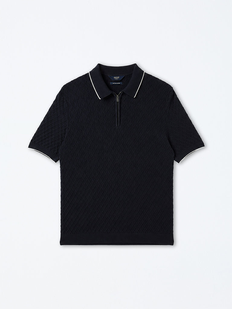 Ascot Navy Knit-Textured Relaxed-Fit Quarter-Zip Polo T-Shirt
