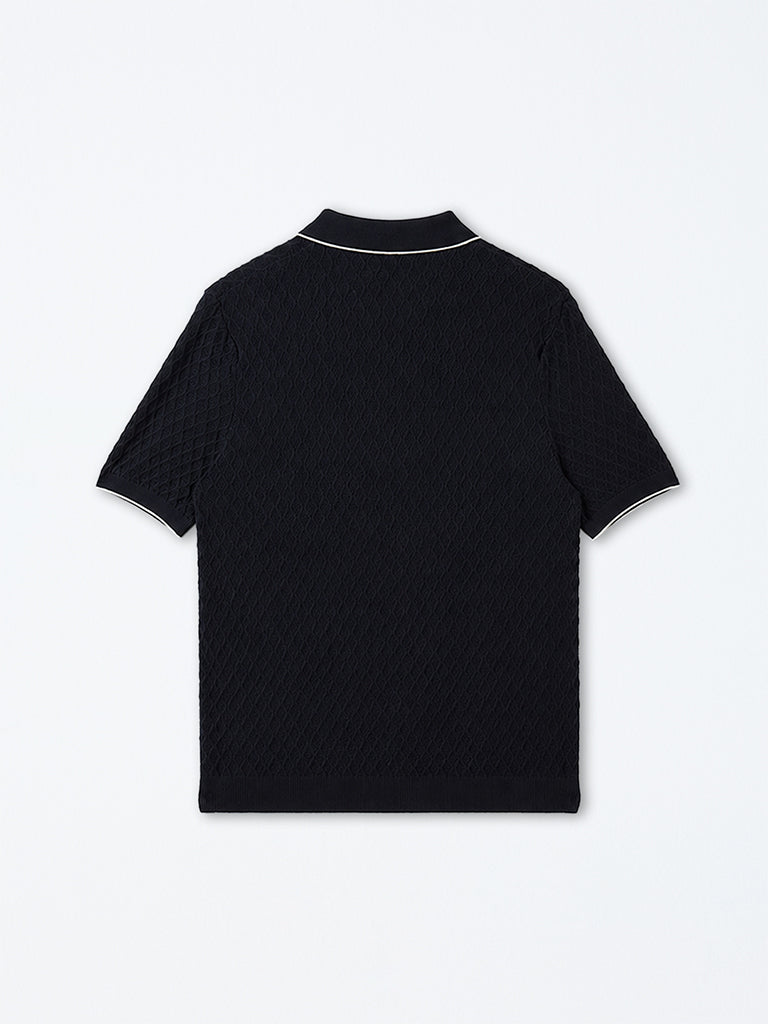 Ascot Navy Knit-Textured Relaxed-Fit Quarter-Zip Polo T-Shirt