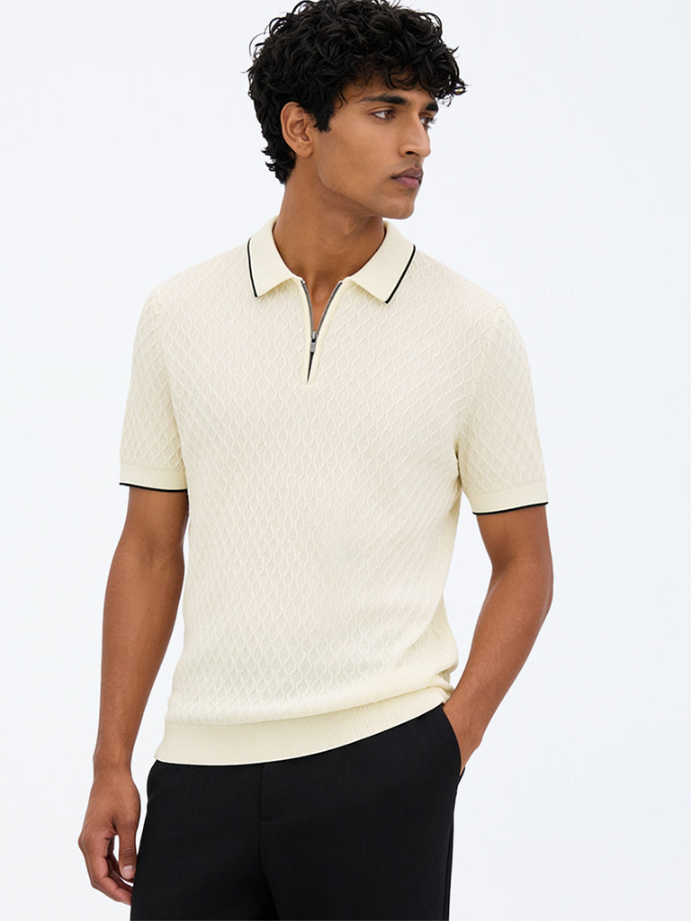 Ascot Off-White Knit-Textured Quarter-Zip Relaxed-Fit Polo T-Shirt