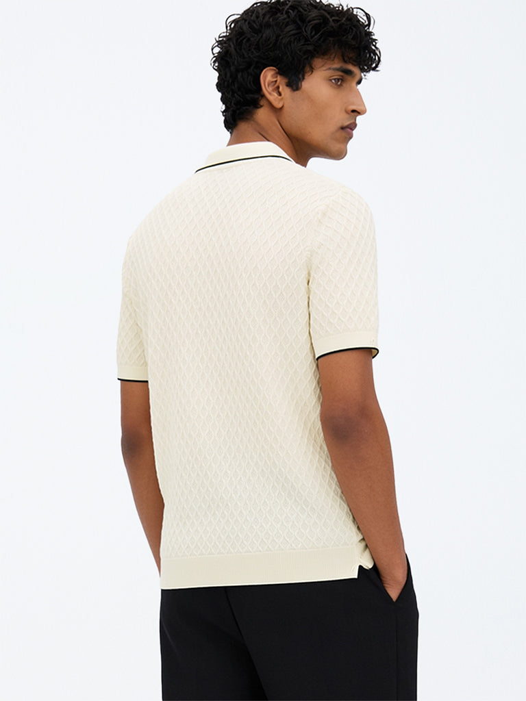 Ascot Off-White Knit-Textured Quarter-Zip Relaxed-Fit Polo T-Shirt