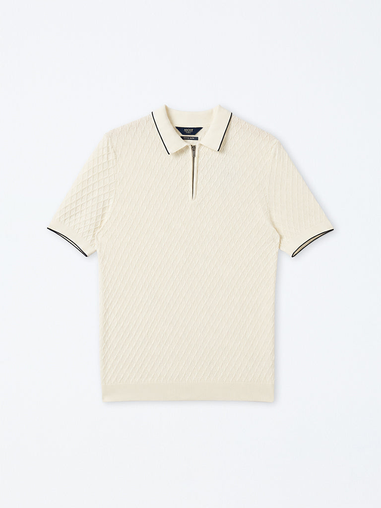 Ascot Off-White Knit-Textured Quarter-Zip Relaxed-Fit Polo T-Shirt