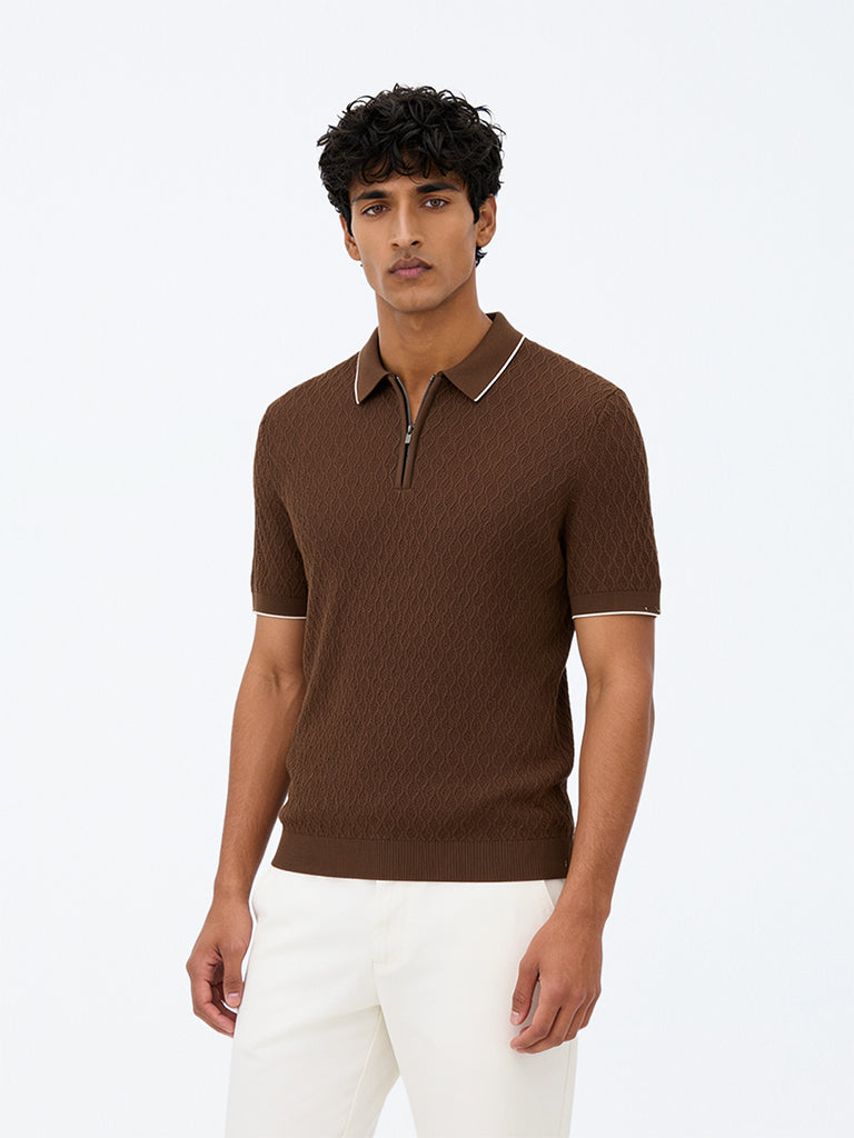 Ascot Brown Knit-Textured Relaxed-Fit Quarter-Zip Polo T-Shirt