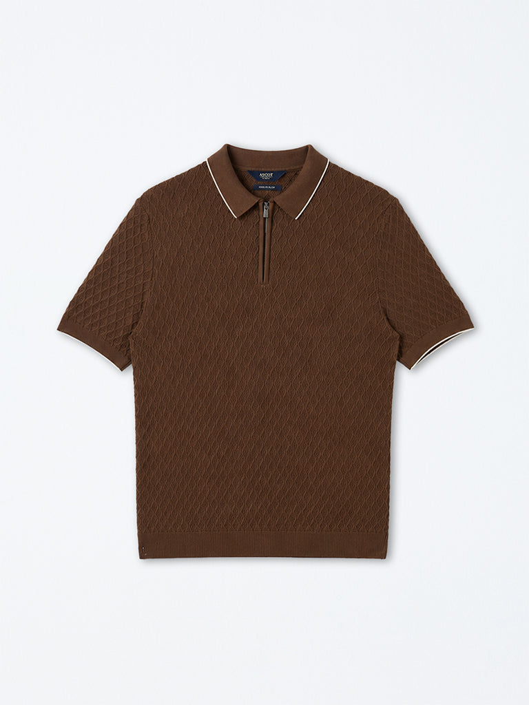 Ascot Brown Knit-Textured Relaxed-Fit Quarter-Zip Polo T-Shirt