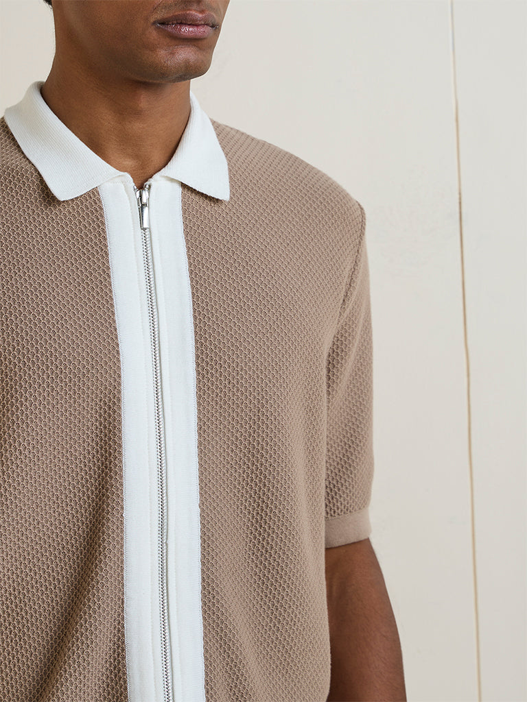 Ascot Dark Beige Waffle Textured Relaxed-Fit Cotton-Blend T-Shirt