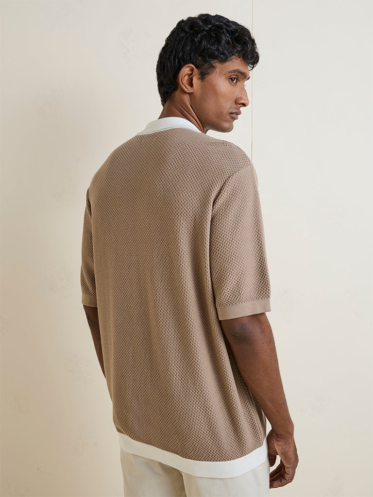 Ascot Dark Beige Waffle Textured Relaxed-Fit Cotton-Blend T-Shirt