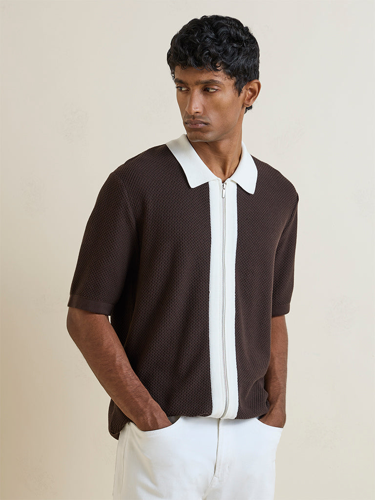 Ascot Dark Brown Waffle Textured Relaxed-Fit Cotton-Blend T-Shirt