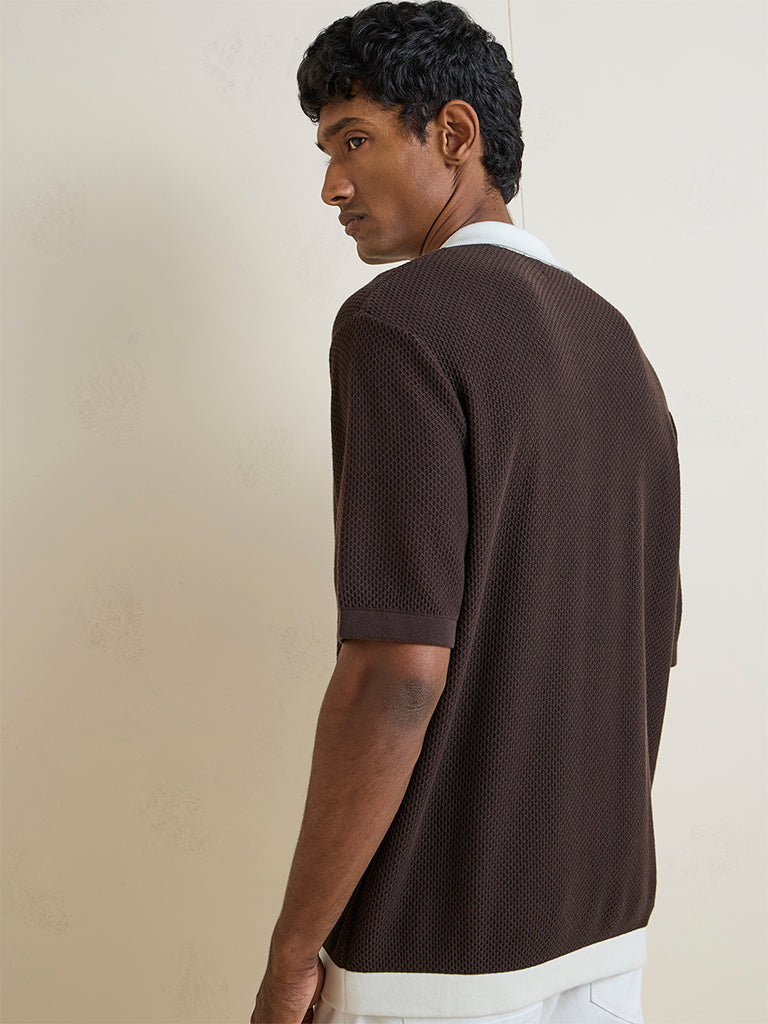 Ascot Dark Brown Waffle Textured Relaxed-Fit Cotton-Blend T-Shirt