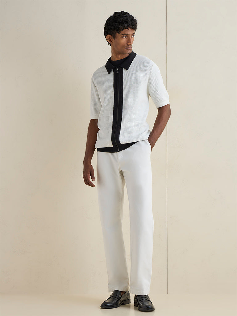 Ascot Off-White Colour-Blocked Textured Relaxed-Fit Polo Cotton-Blend T-Shirt