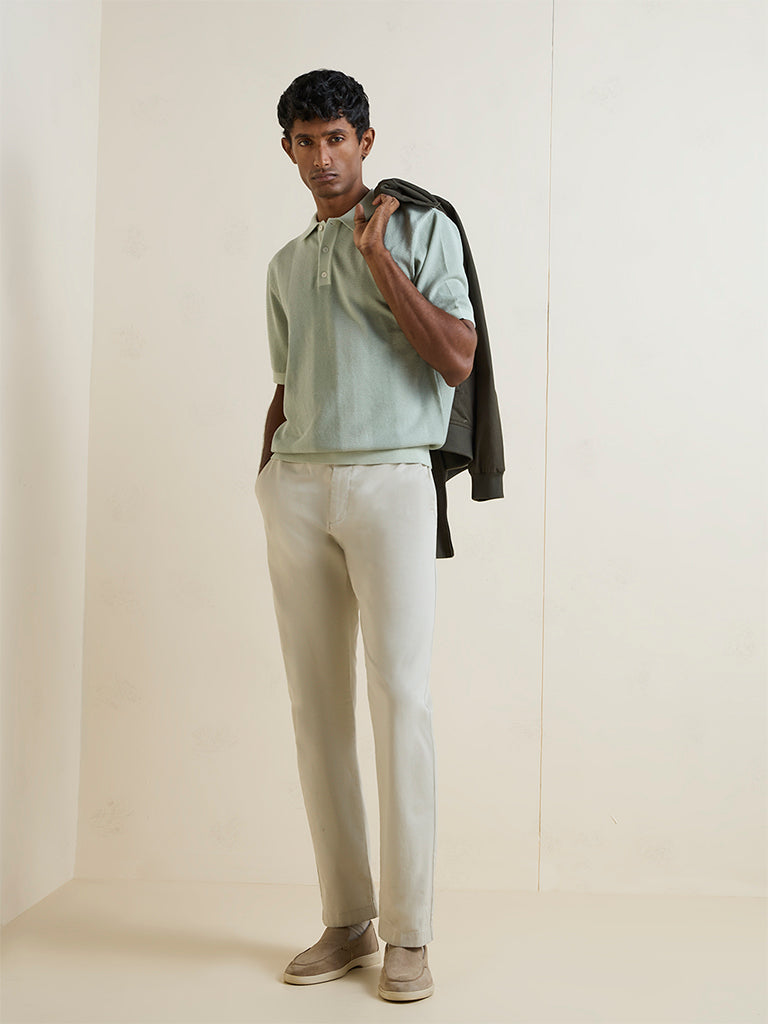 Ascot Sage Green Striped Textured Relaxed-Fit Polo T-Shirt