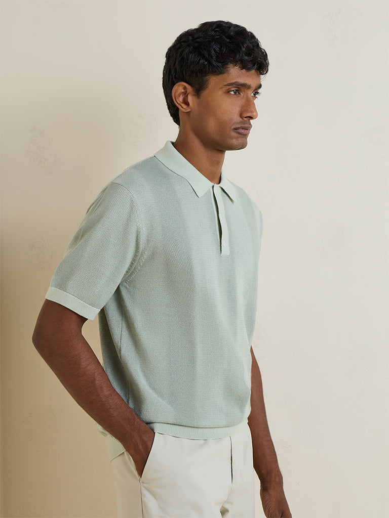 Ascot Sage Green Striped Textured Relaxed-Fit Polo T-Shirt