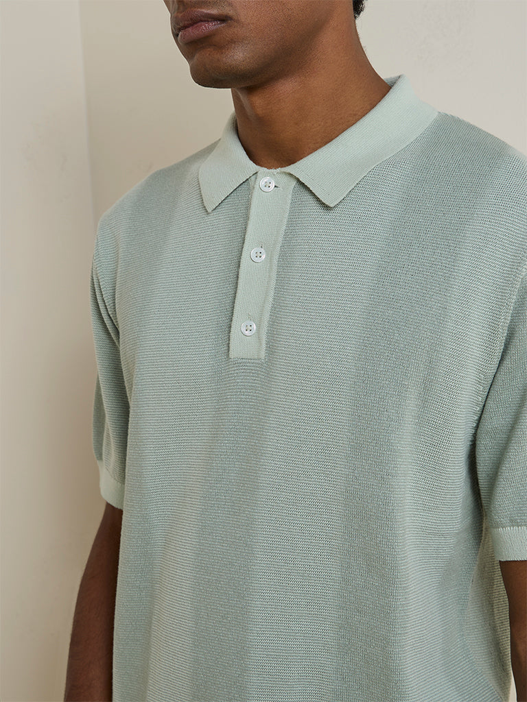 Ascot Sage Green Striped Textured Relaxed-Fit Polo T-Shirt
