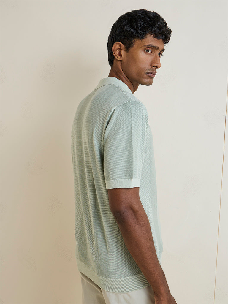 Ascot Sage Green Striped Textured Relaxed-Fit Polo T-Shirt