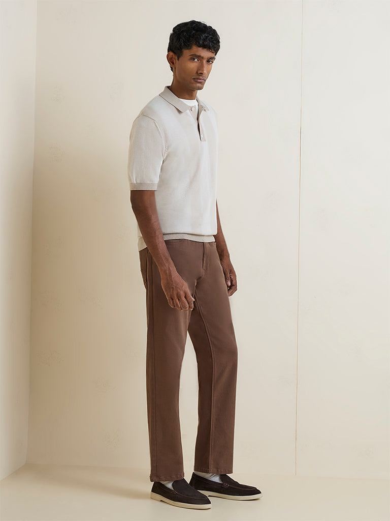 Ascot Light Beige Striped Textured Relaxed-Fit Polo T-Shirt