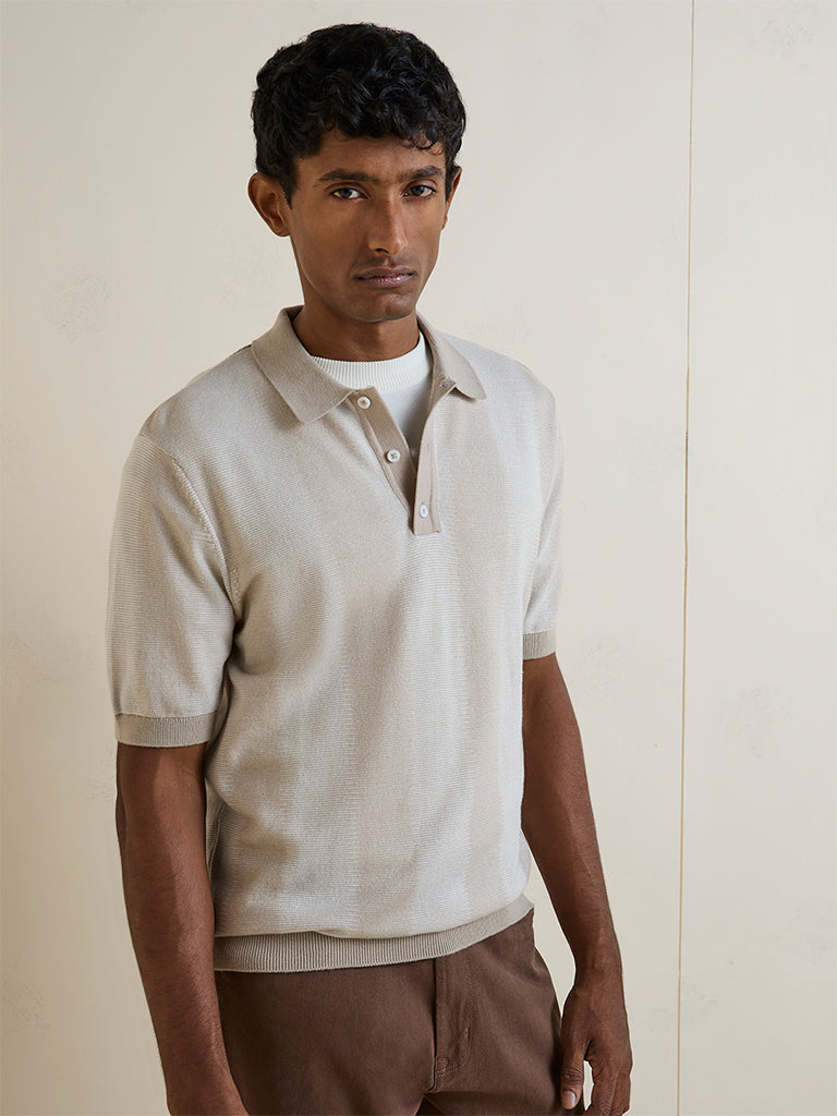 Ascot Light Beige Striped Textured Relaxed-Fit Polo T-Shirt