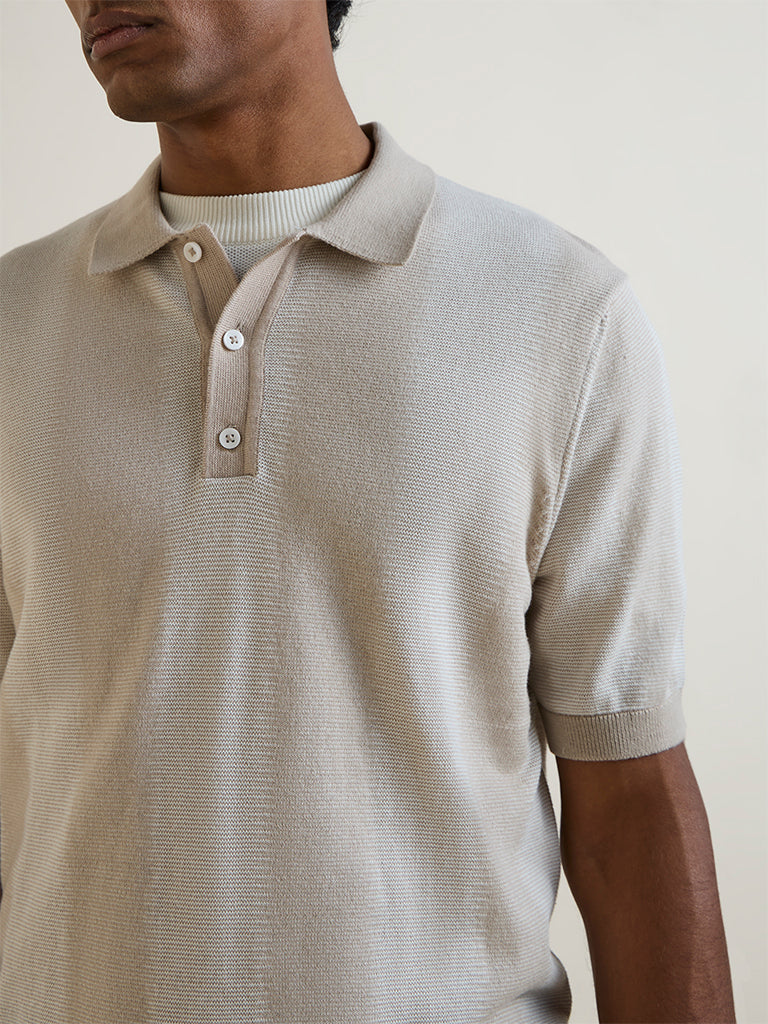 Ascot Light Beige Striped Textured Relaxed-Fit Polo T-Shirt