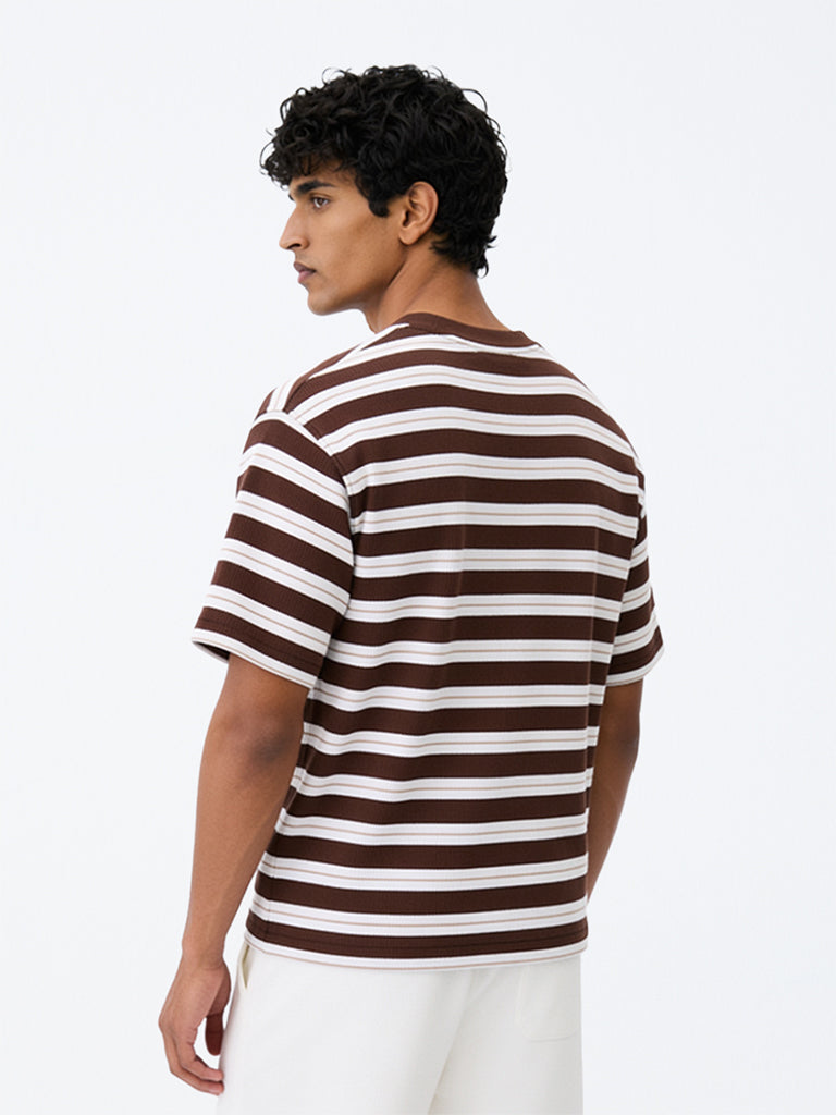 WES Lounge Brown Striped Relaxed-Fit Cotton-Blend T-Shirt
