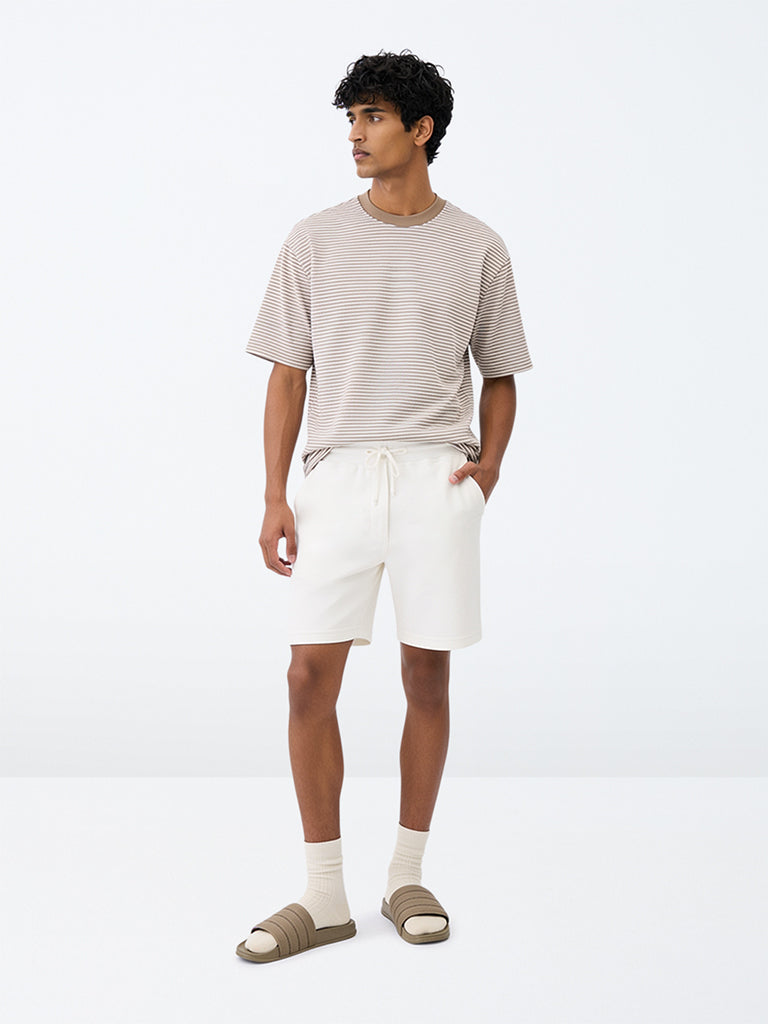 WES Lounge Beige Striped Relaxed-Fit Cotton-Blend T-Shirt