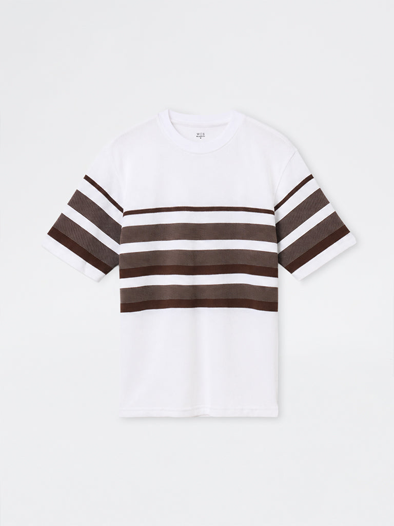 WES Lounge Off-White Striped Relaxed-Fit Cotton-Blend T-Shirt