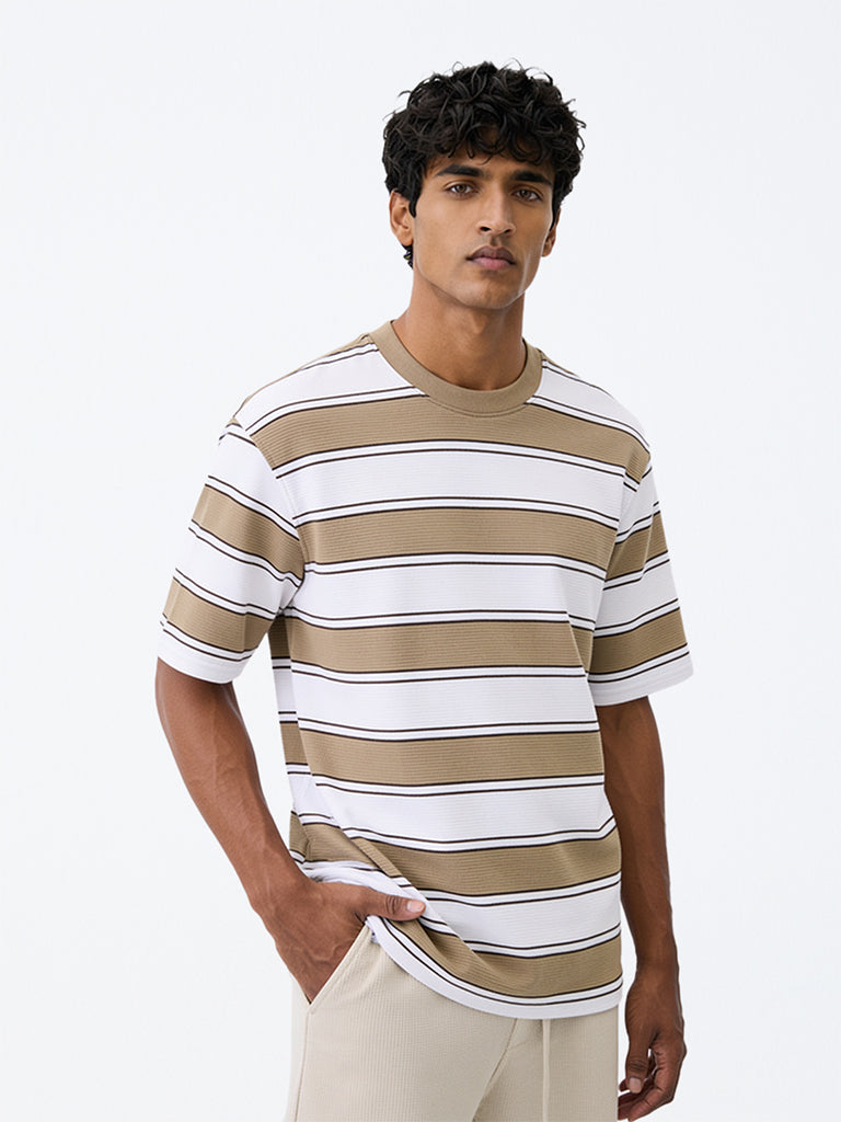 WES Lounge Beige Striped Relaxed-Fit Cotton-Blend T-Shirt