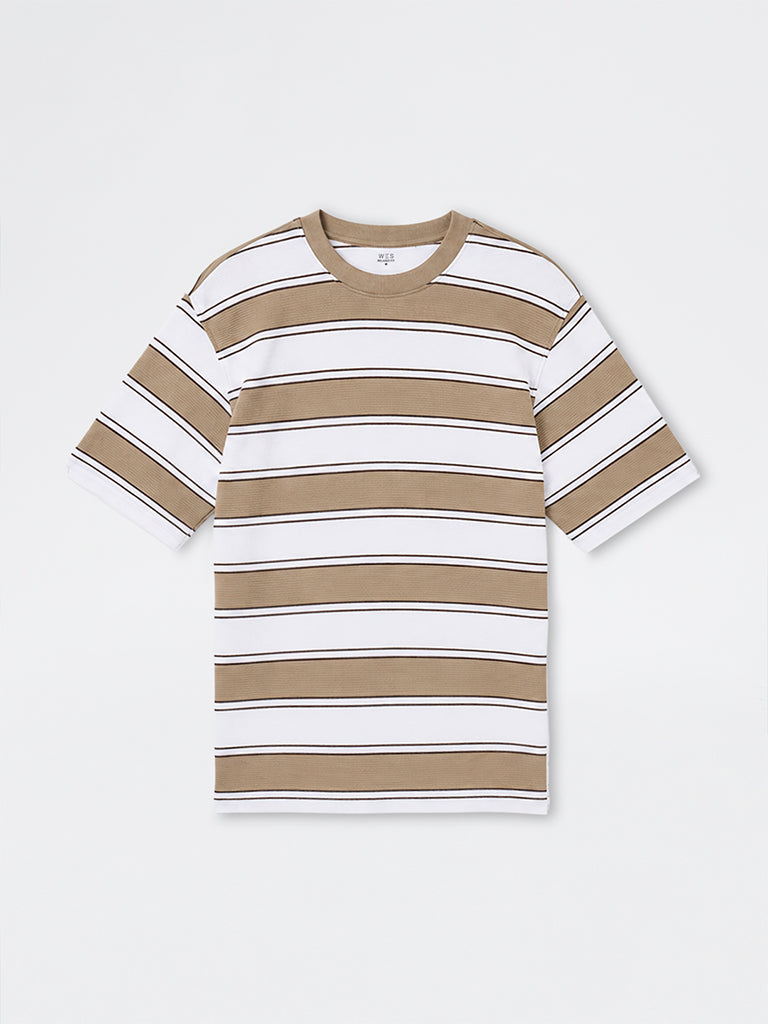 WES Lounge Beige Striped Relaxed-Fit Cotton-Blend T-Shirt
