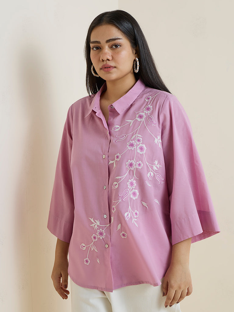 Diza Pink Floral Embroidered Cotton Tunic