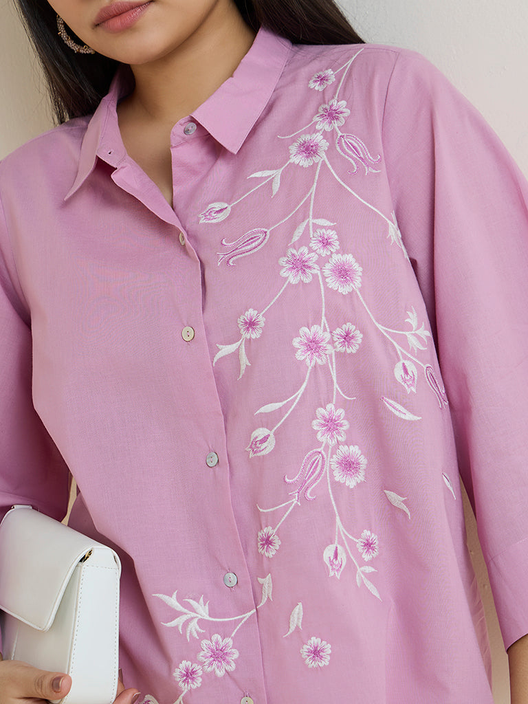 Diza Pink Floral Embroidered Cotton Tunic