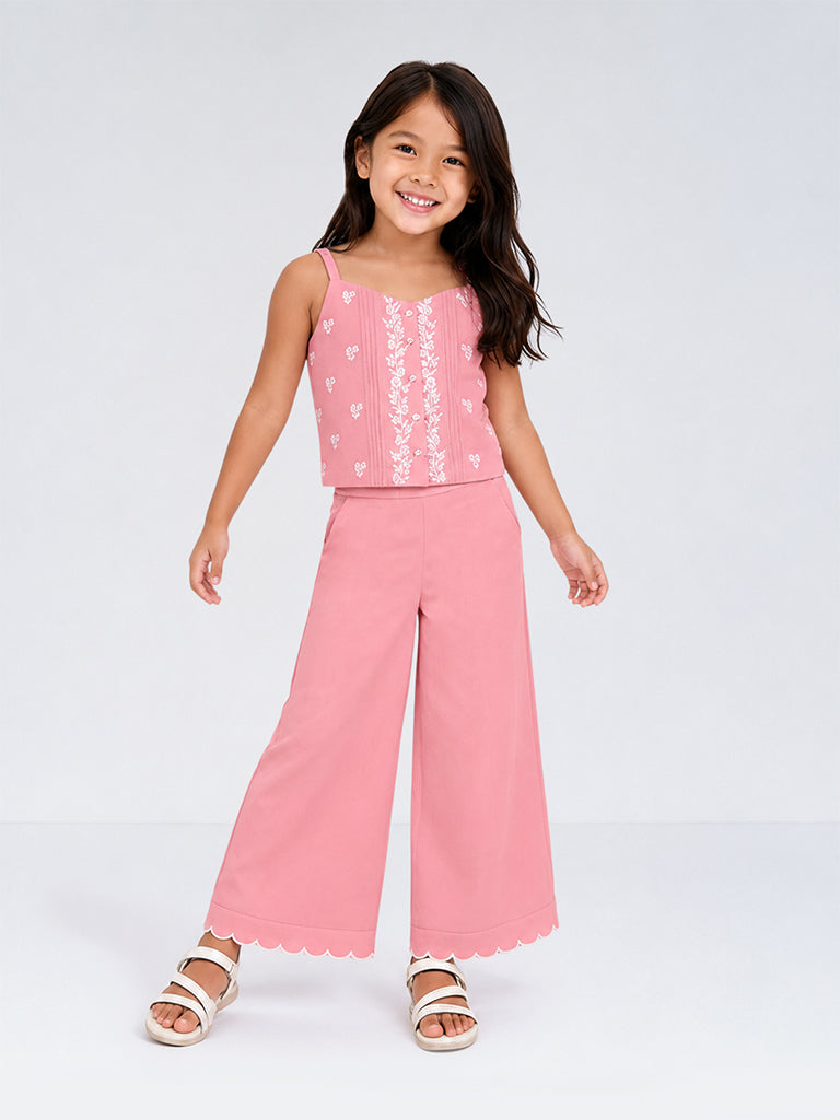 Utsa Kids Girls Peach Floral Embroidered Cotton-Blend Top - (2-8 yrs)