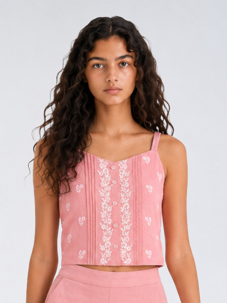 Utsa Kids Girls Pink Floral Embroidered Cotton-Blend Top (8 - 14 yrs)
