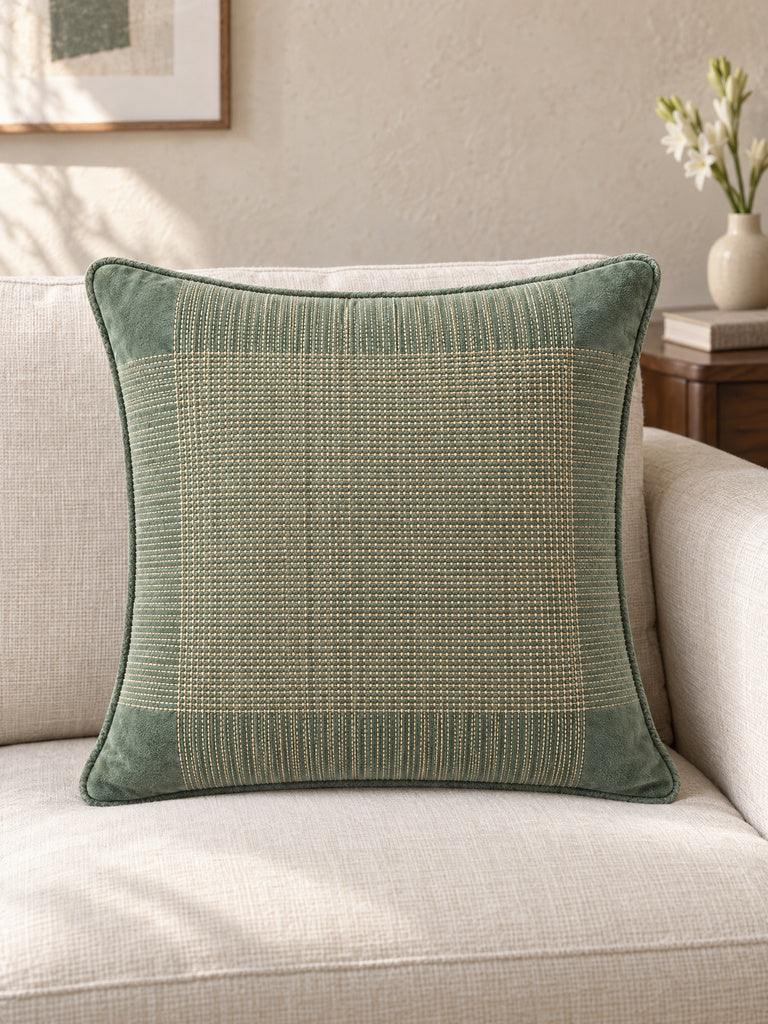Westside Home Sage Checks Embroidered Cushion Cover