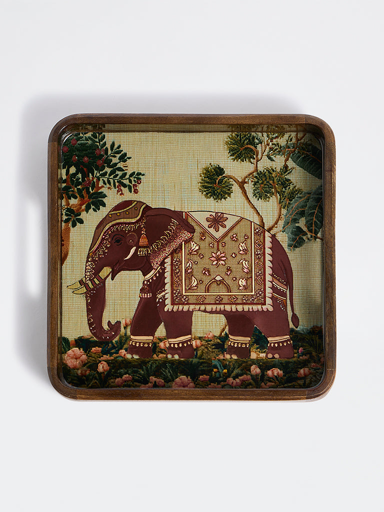 Westside Home Green Heritage Elephant Design Square Tray