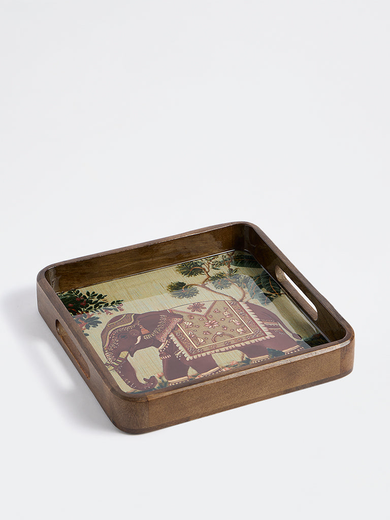 Westside Home Green Heritage Elephant Design Square Tray