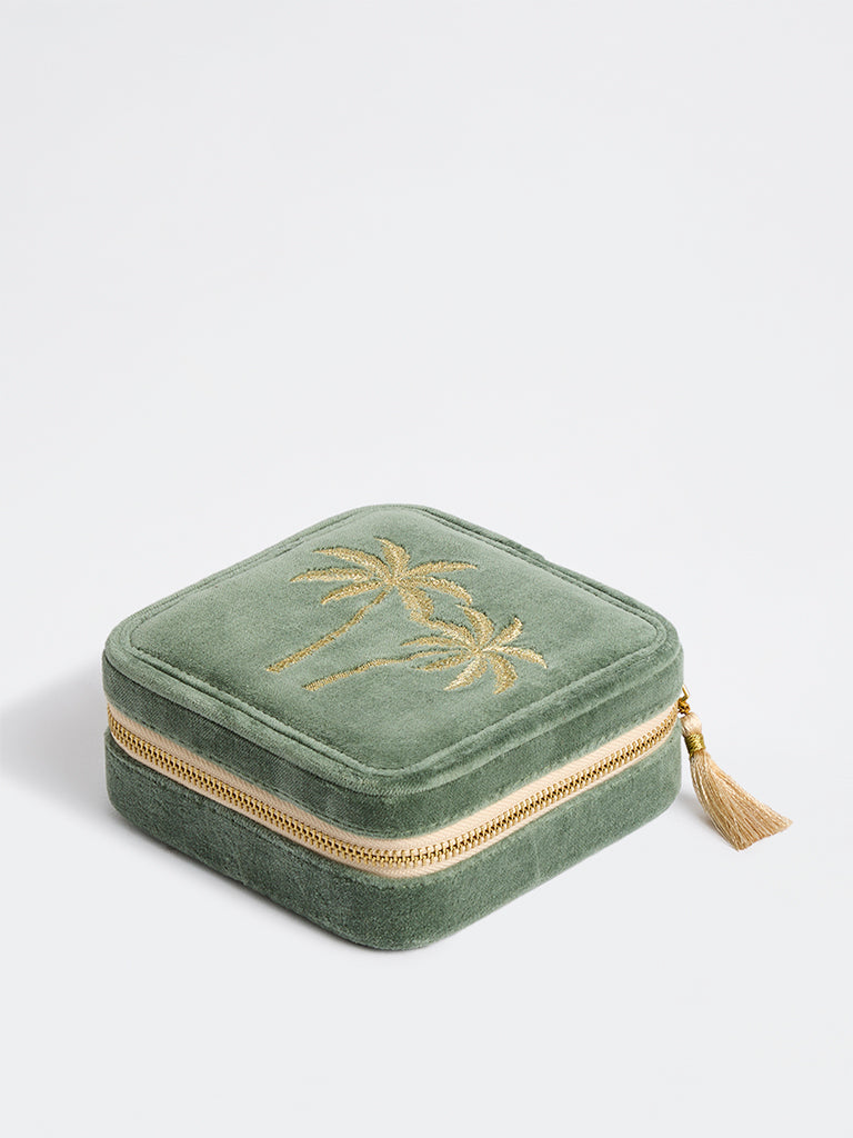Westside Home Sage Tropical Embroidered Velvet Square Jewellery Box