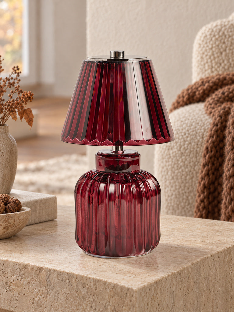 Westside Home Red Ribbed-Textured Glass Lamp with Dual Batteries